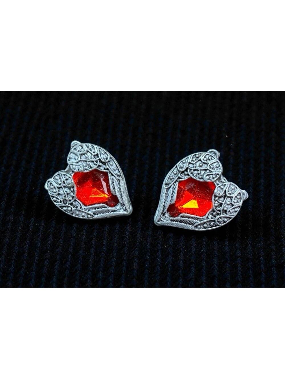 Vintage Red Rhinestone Winged Heart Stud Earrings Silver Tone Romantic Gothic